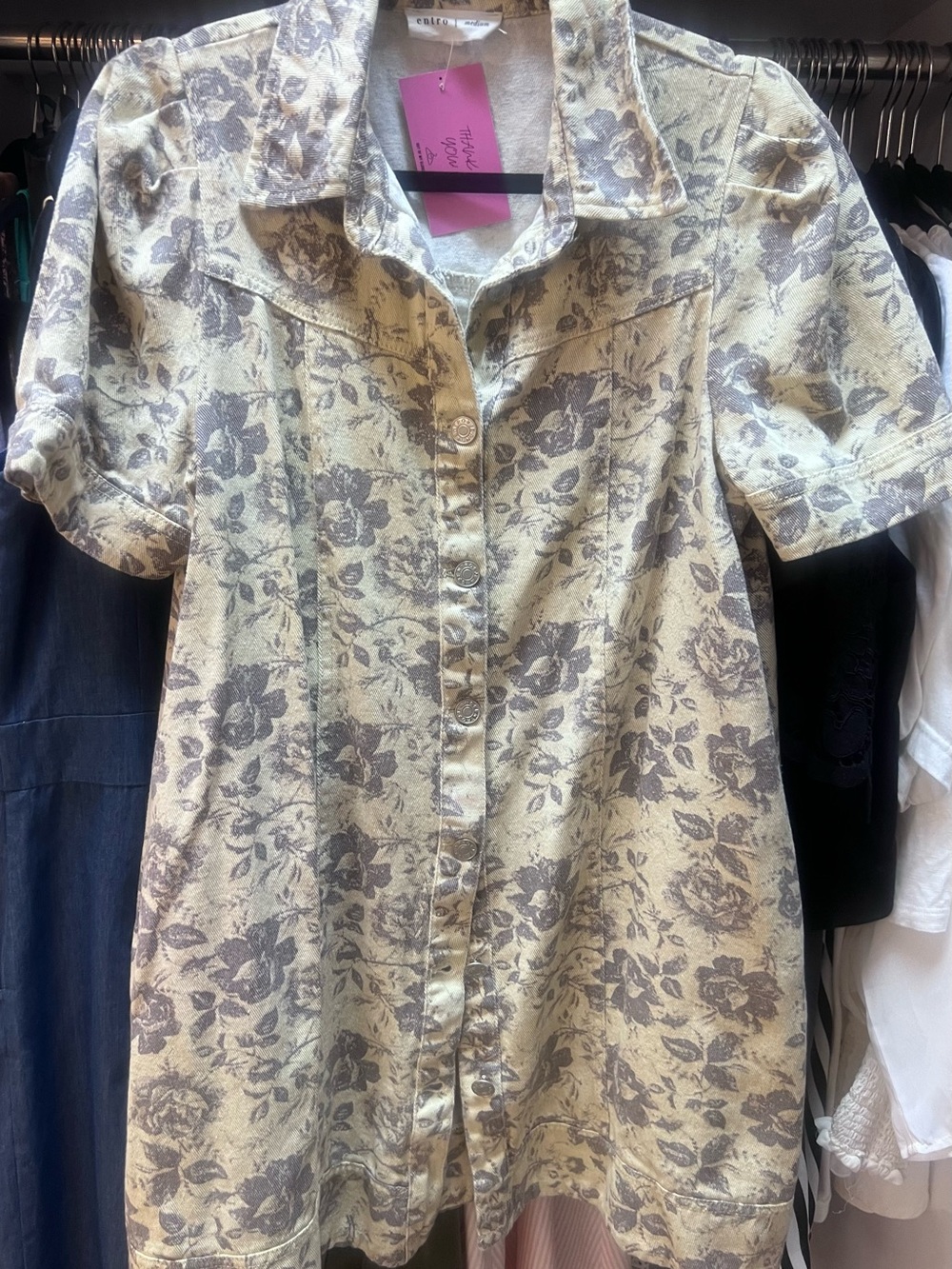 Floral Button-Front Denim Short Sleeve in Cream and Gray
